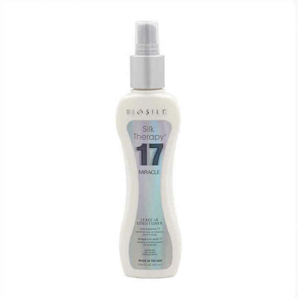 Biosilk Silk Therapy 17 Miracle Leave-In Conditioner. Flacone bianco con vaporizzatore. Testo: 17 Miracle, Leave-In Conditioner.