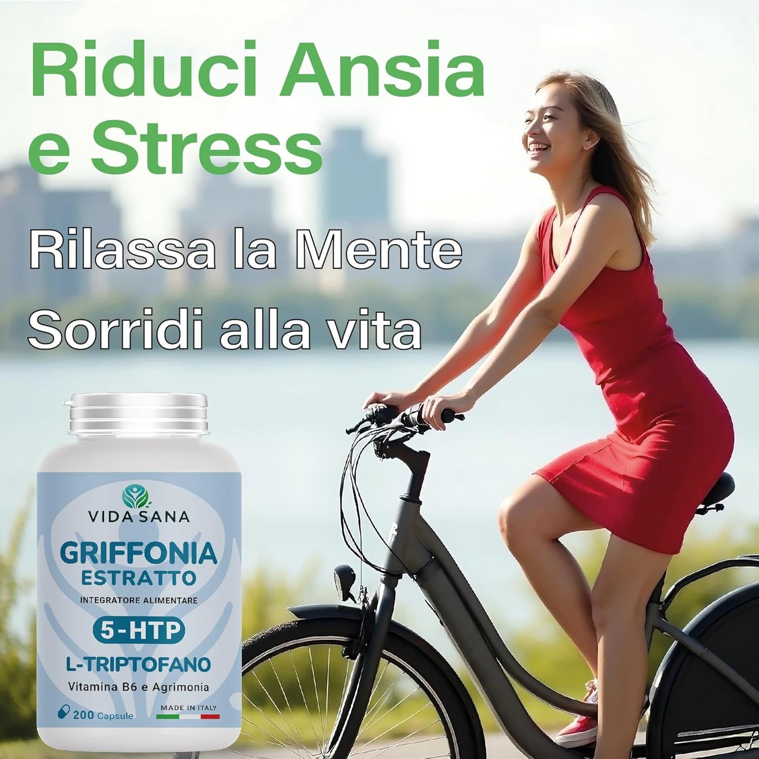 Donna in bicicletta. Flacone del prodotto. Testo: Ridici Ansia e Stress, Rilassa la Mente, Sorridi alla vita. Prodotto: Estratto di Griffonia.