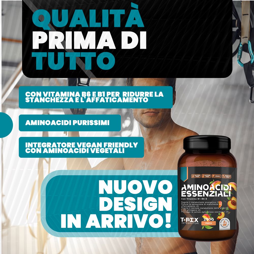 Barattolo di aminoacidi. Testo: Aminosäuren essenziali, 252g, gusto tè alla pesca. Con vitamina B1-B6-E. Senza glutine, lattosio, vegano.