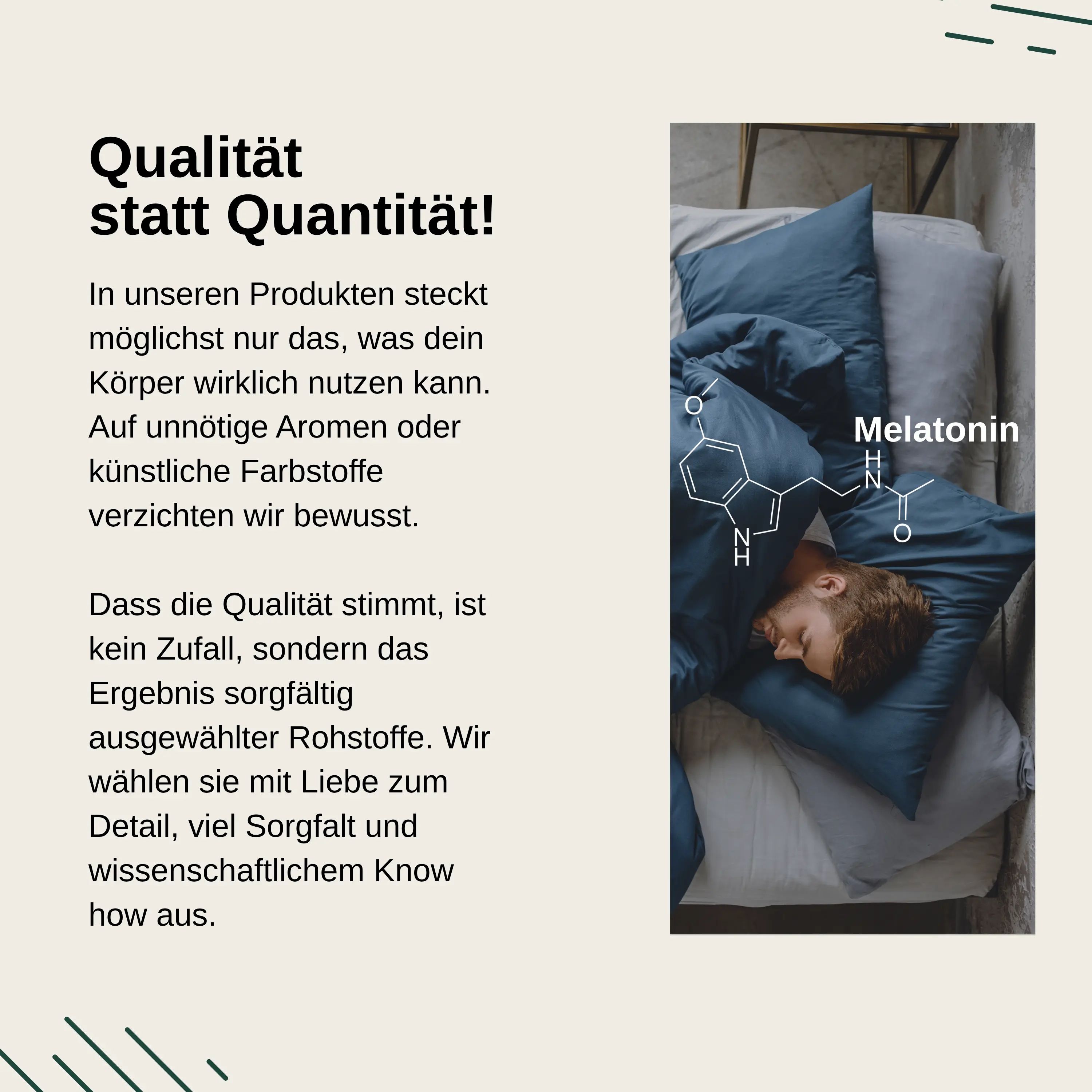 Uomo che dorme a letto. Testo: "Qualità invece di quantità!". Formula chimica della melatonina.