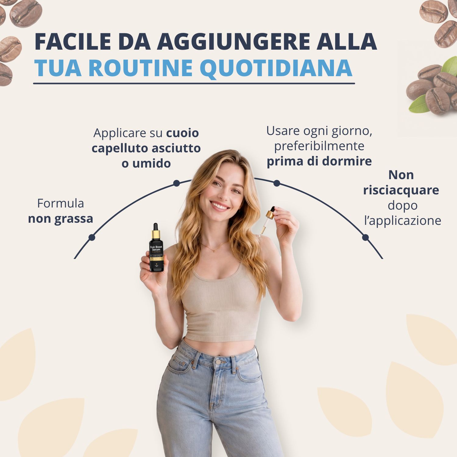 Donna che integra Golden Tree Hair Boost Serum nella sua routine; formula non grassa.