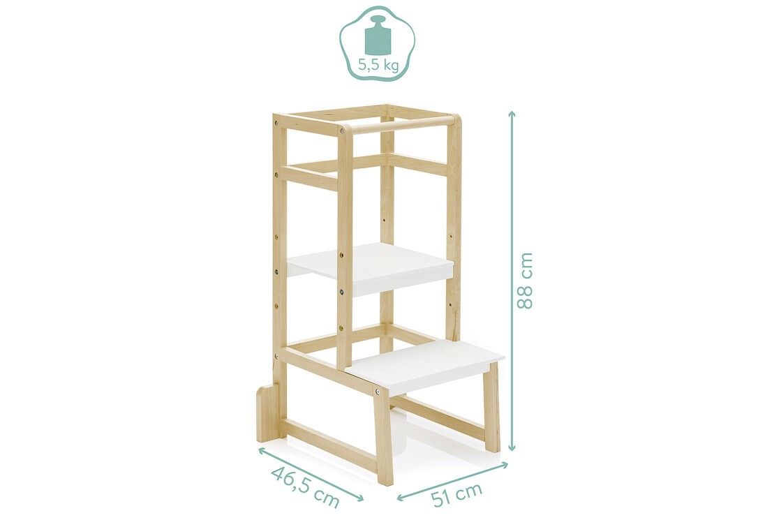 Torre di apprendimento in legno con gradini bianchi. Dimensioni: 46,5 x 51 x 88 cm. Peso: 5,5 kg. Piattaforma superiore quadrata. Struttura in legno.
