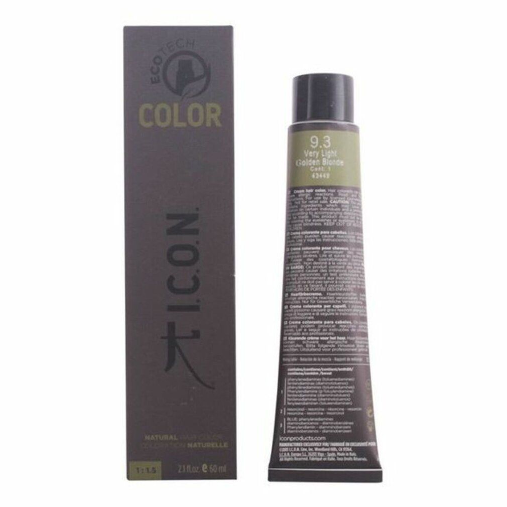 Tubo e scatola di tinta per capelli. Scritta: I.C.O.N. COLOR. Tonalità 9.3 Very Light Golden Blonde. Tubo nero, scatola nera.
