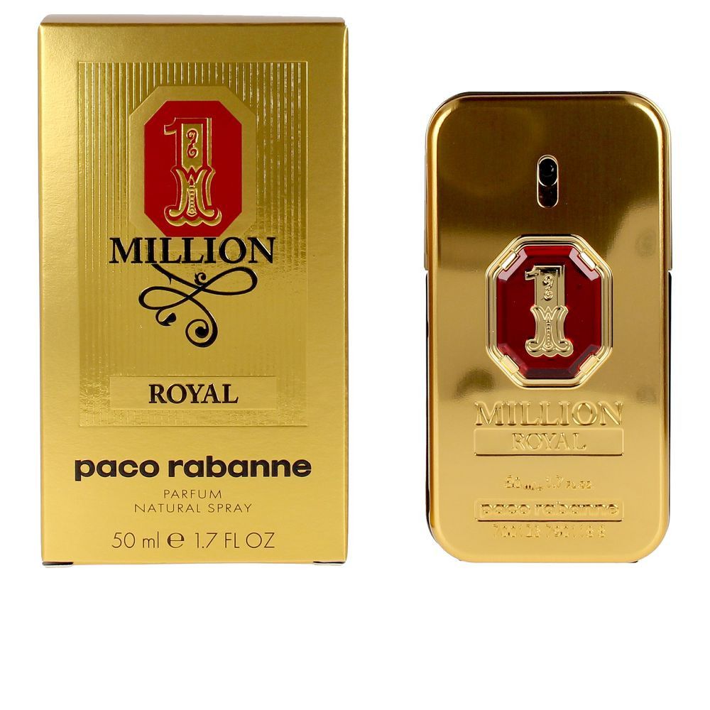 Flacone e scatola dorati. Scritta: 1 Million Royal Parfum. Marca: Paco Rabanne. 50ml.