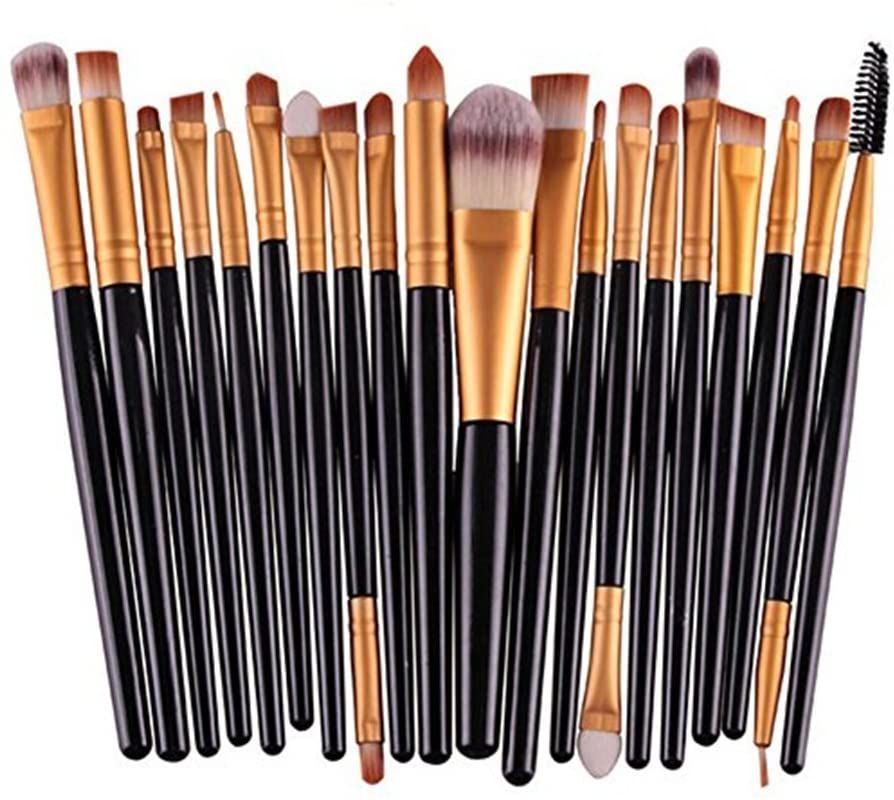 Un set di 20 pennelli per trucco neri e dorati con teste e dimensioni diverse.