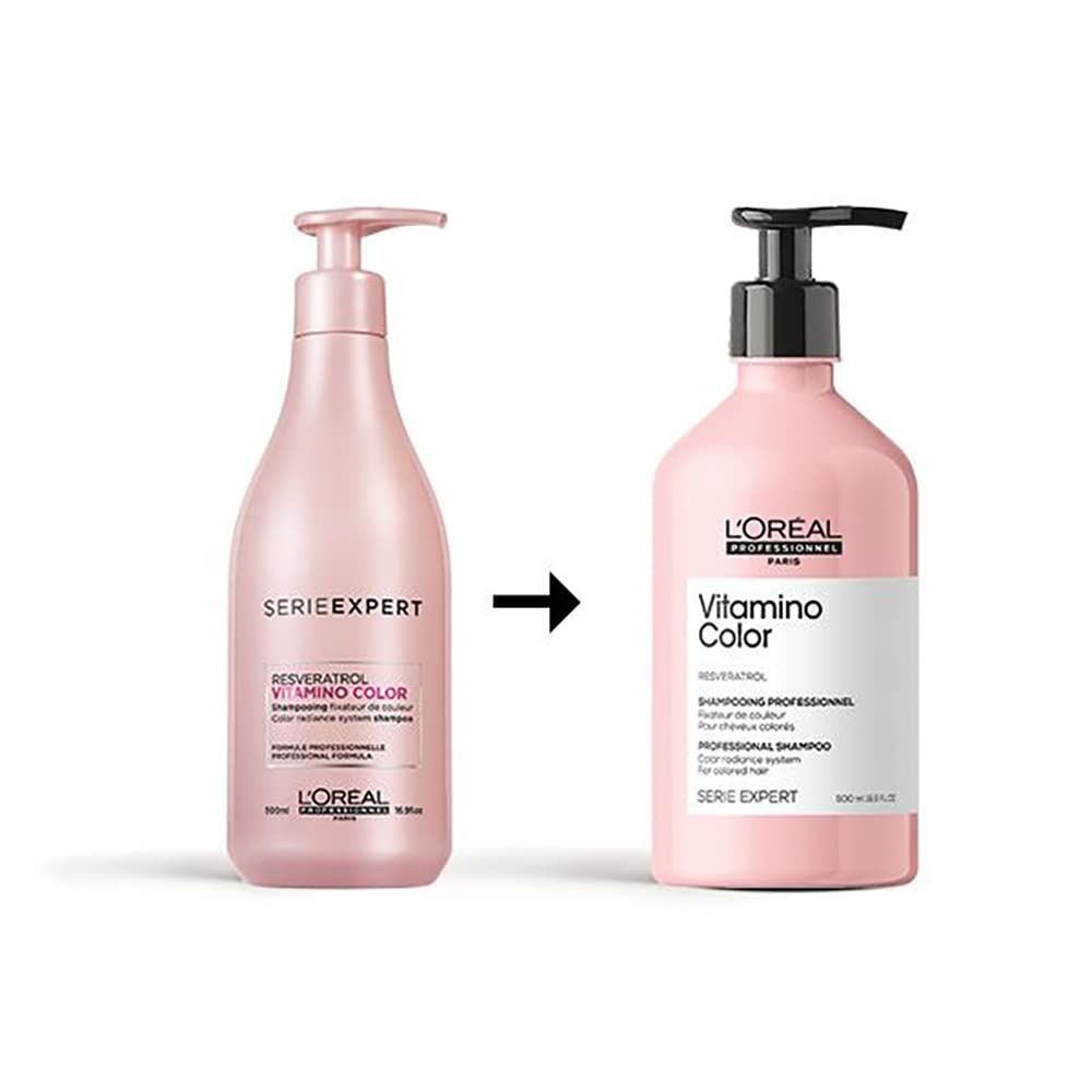 Due flaconi di shampoo rosa. A sinistra: Serie Expert. A destra: L'Oréal Vitamino Color.