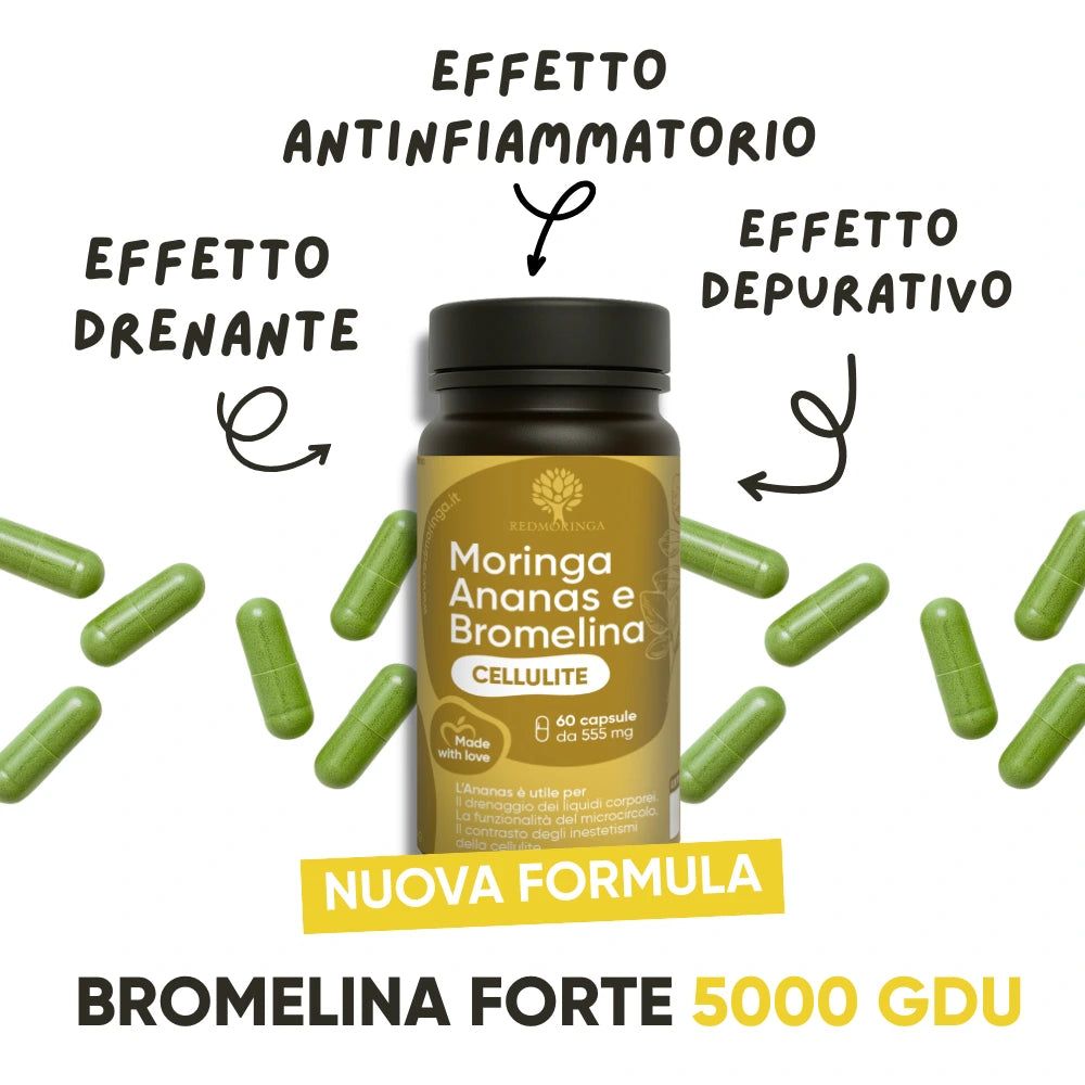 Flacone marrone con capsule verdi. Testo: Moringa Ananas e Bromelina CELLULITE. 60 capsule. Nuova formula. Effetti: antinfiammatorio, drenante, depurativo.