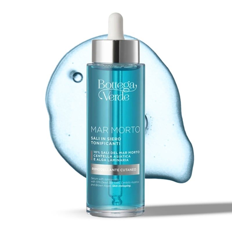 Flacone di siero blu con contagocce. Scritta: Bottega Verde, MAR MORTO, Sali in siero tonificanti.
