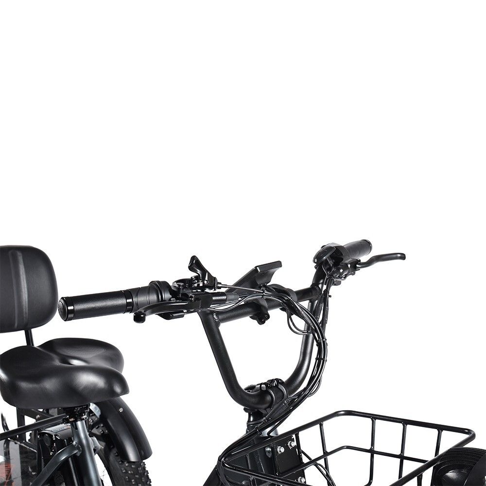 Primo piano del manubrio di un triciclo nero. Manubrio, cestino, comandi, sedile con schienale.