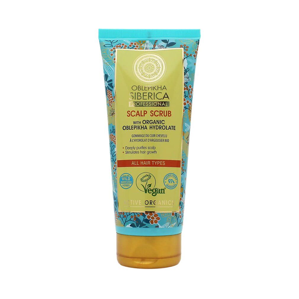 Tubo di Oblepikha Siberica Professional Scalp Scrub. Confezione turchese e oro con motivo floreale. Testo: "All Hair Types" e "Vegan".