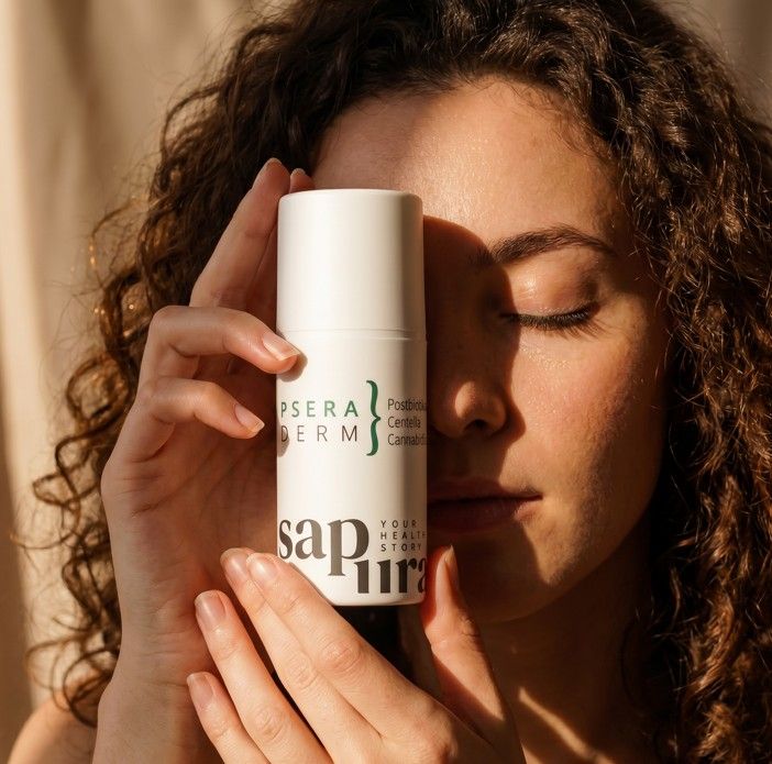 Flacone bianco con erogatore, tenuto da una donna davanti al viso.