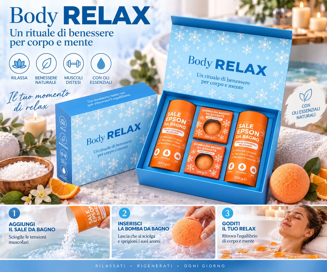 Set regalo Body Relax con sali da bagno e bombe da bagno in confezione rosa.