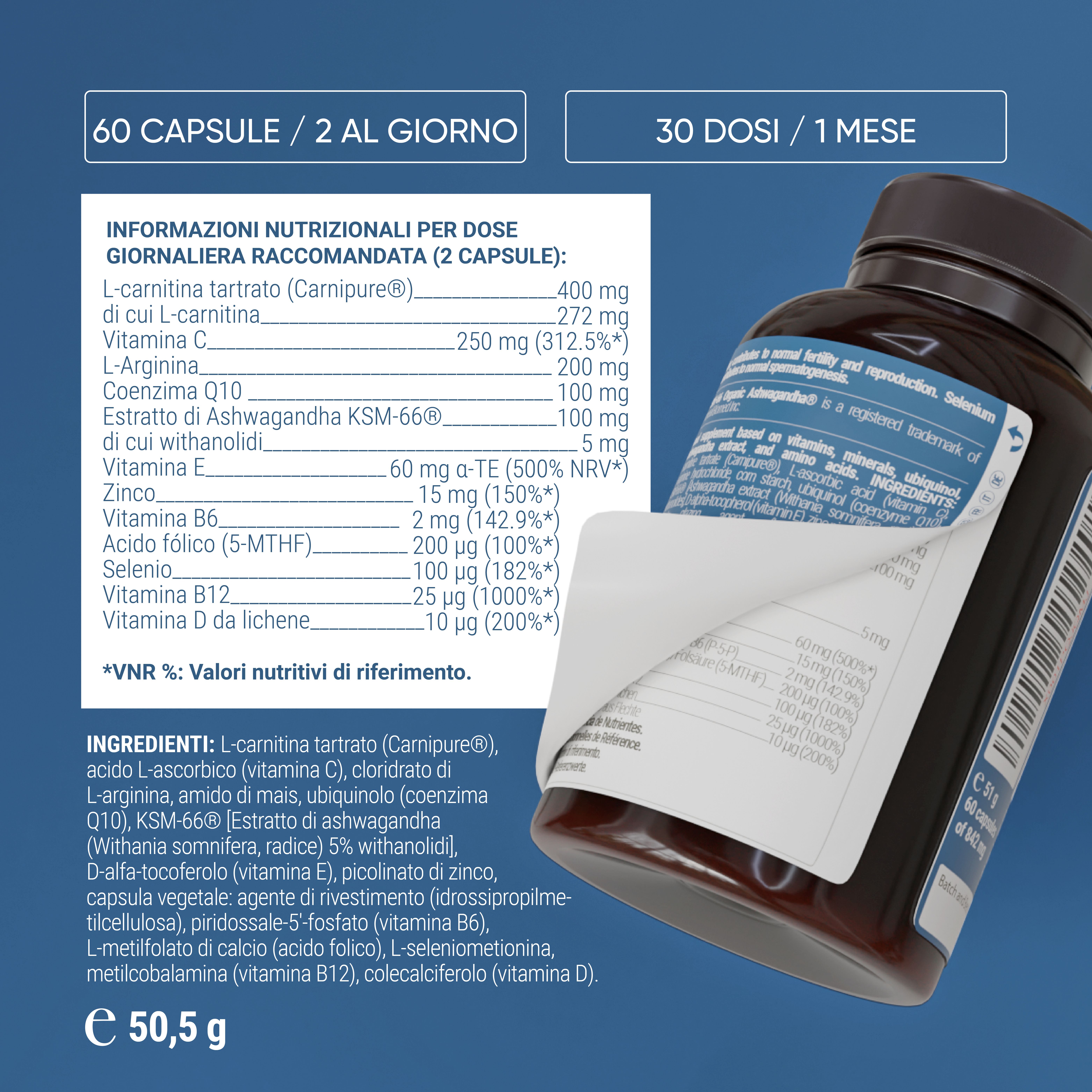 Flacone con capsule ed etichetta. Testo: 60 capsule. Informazioni nutrizionali. Ingredienti.