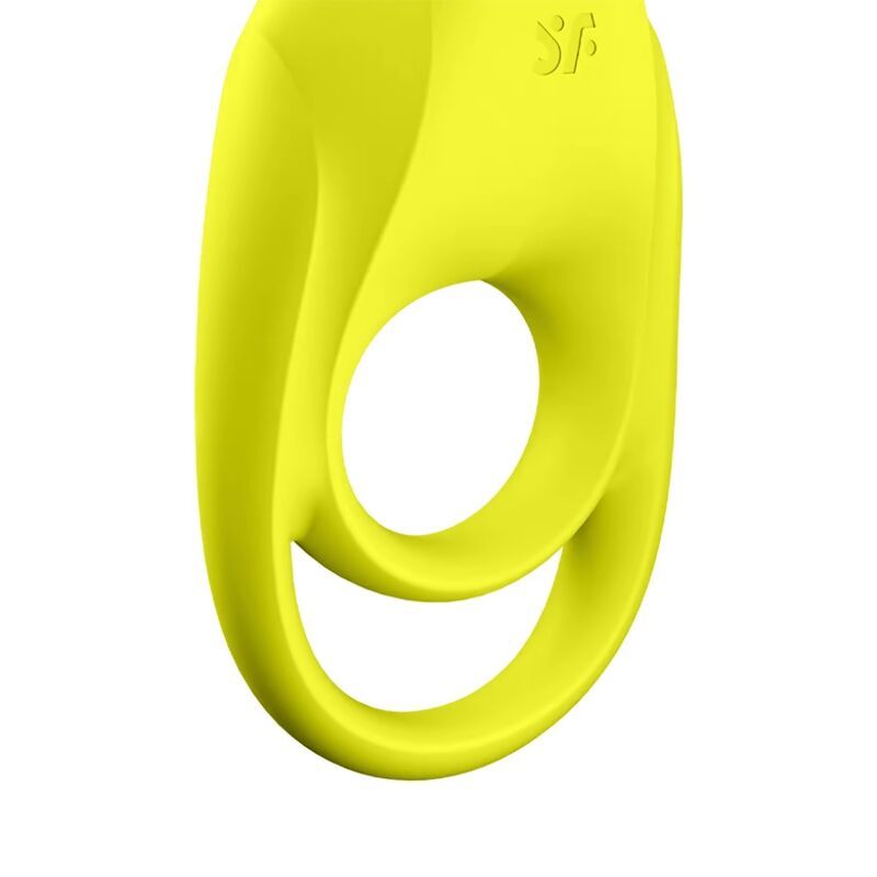 Vibratore ad anello giallo, due aperture. Logo SF. Superficie liscia.