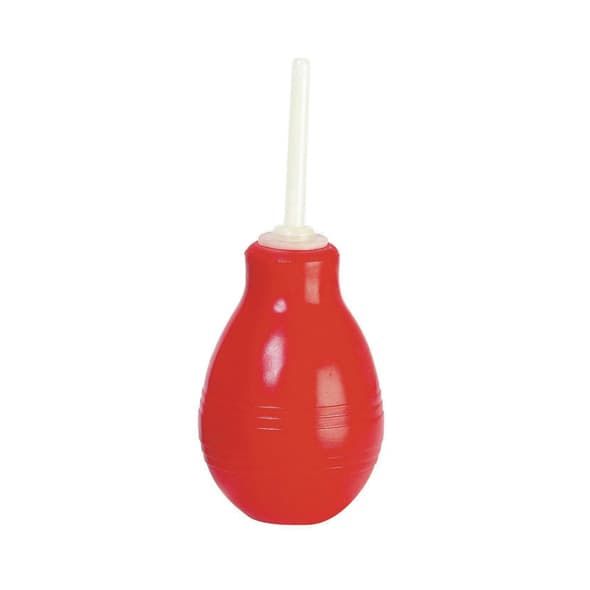 Palla per doccia anale rossa con punta bianca. A forma di pera, superficie scanalata.