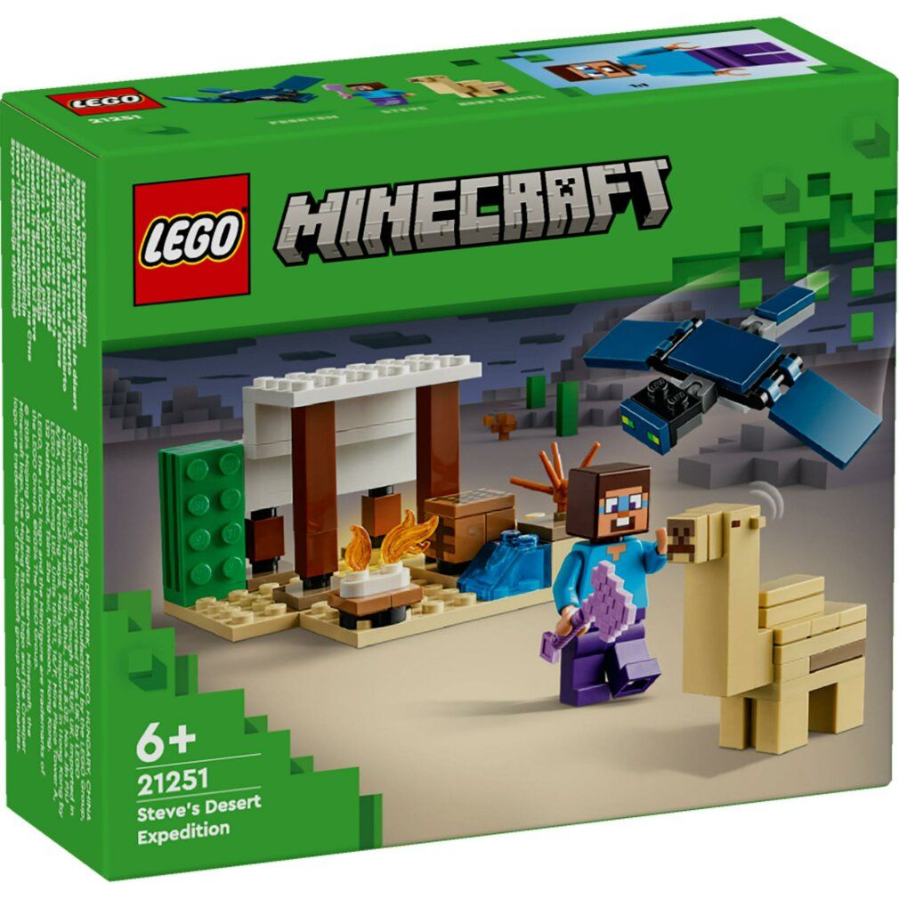 Set LEGO Minecraft. Spedizione nel deserto con Steve, cammello, edificio e aereo. Confezione con logo e età consigliata 6+.