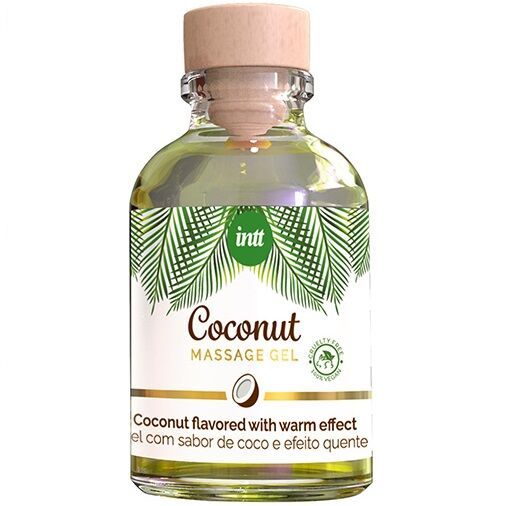 Flacone in vetro di gel massaggio. Scritta: Coconut Massage Gel. Aroma cocco ed effetto caldo. Cruelty Free.