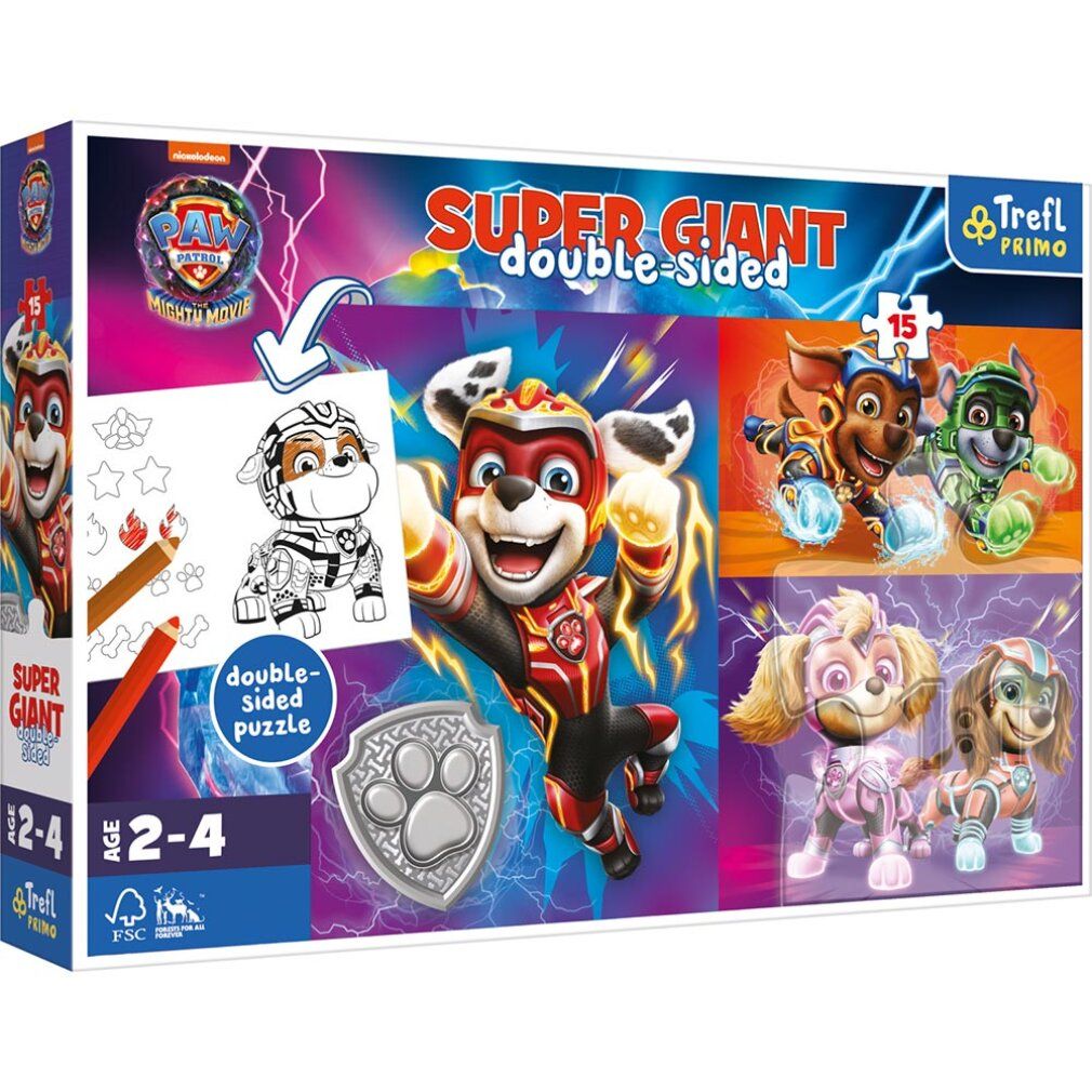 Scatola puzzle Paw Patrol. Scritte: Super Giant, double face, 15 pezzi. Età: 2-4 anni.