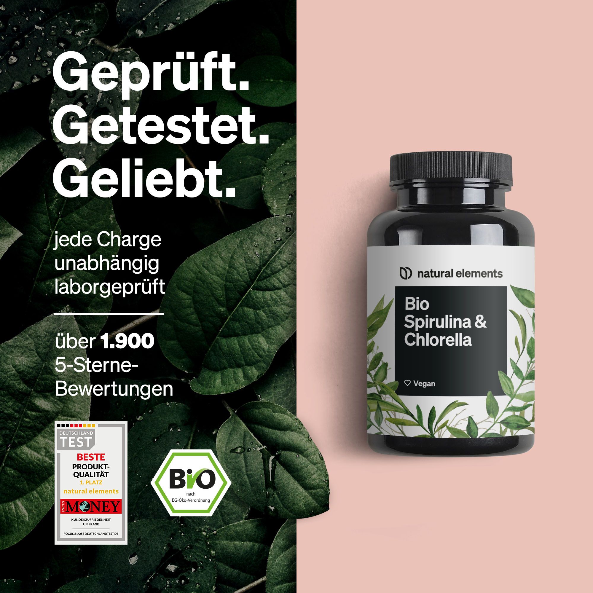 Flacone nero con etichetta bianca. Testo: Bio Spirulina & Chlorella. Logo vegano. Sigillo bio. Sigillo di test.