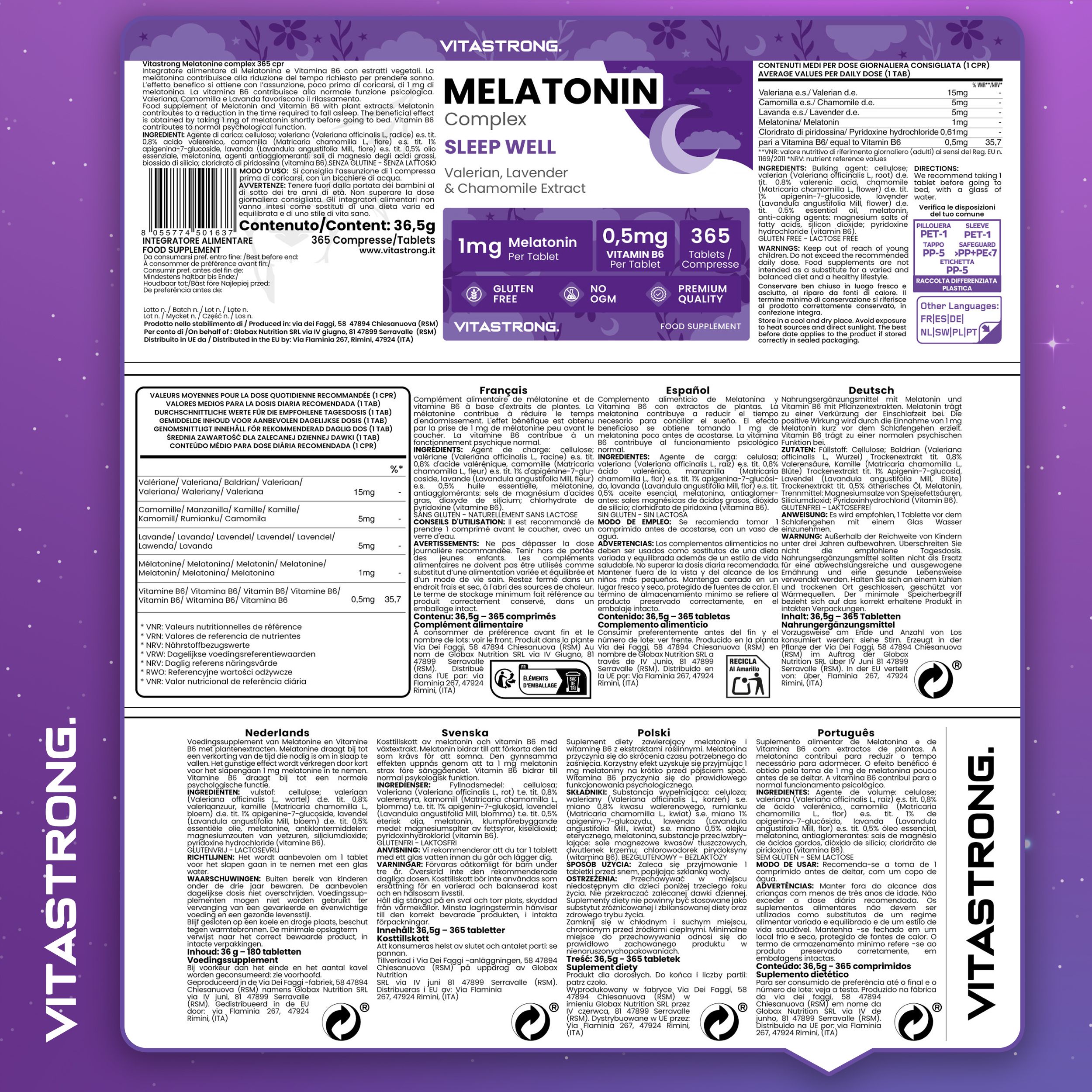 Vitastrong Melatonin Komplex. Confezione con informazioni. 365 compresse. Senza glutine, senza OGM. Qualità premium.