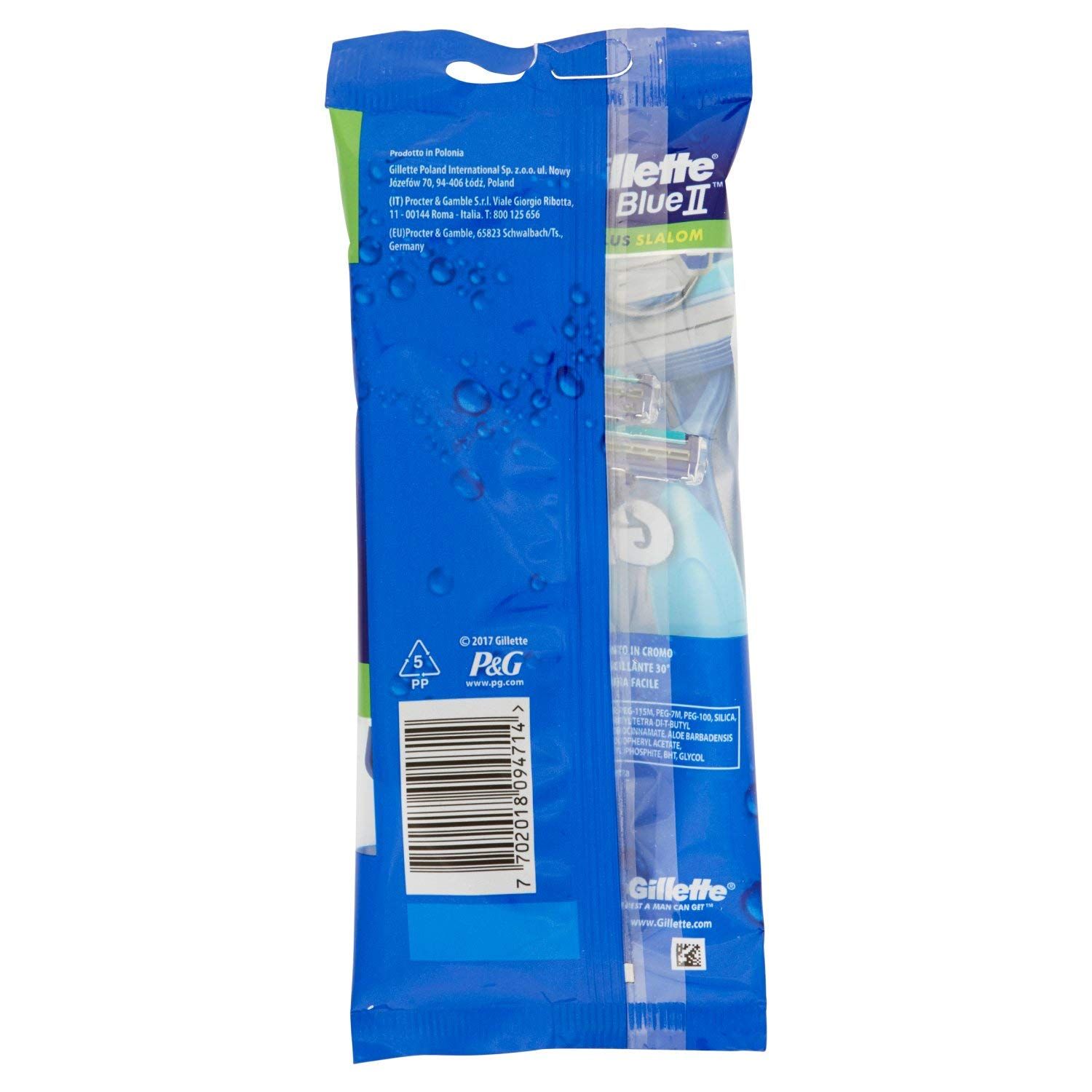 Retro della confezione con codice a barre e informazioni sul prodotto. Marchio Gillette Blue II Slalom. Confezione blu con dettagli bianchi e verdi.