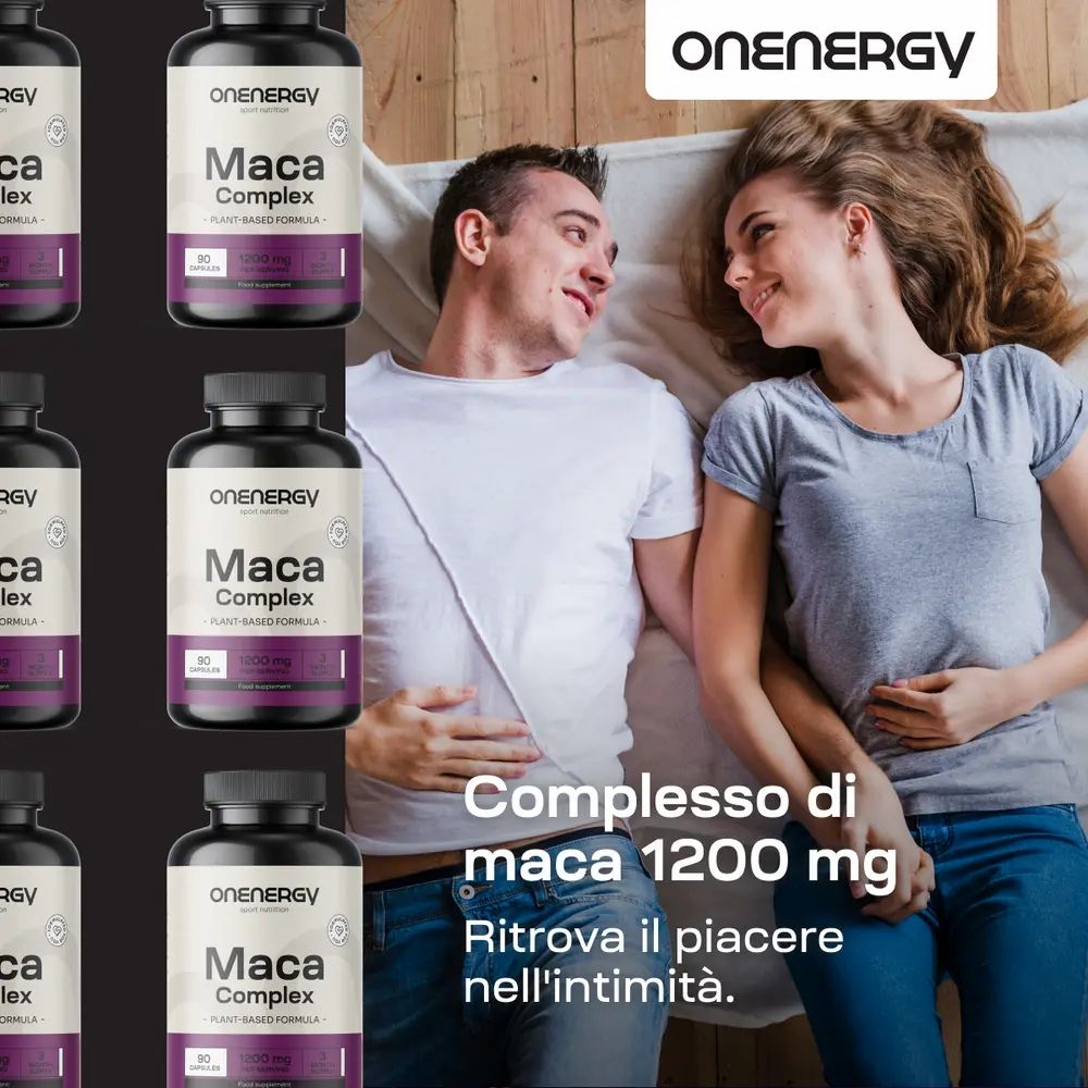 Maca Complex 1200 mg. Coppia a letto. Logo OnEnergy. Testo: Ritrova il piacere nell'intimità.