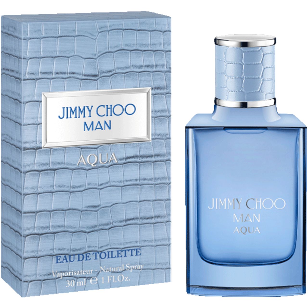 Eau de toilette azzurro JIMMY CHOO MAN AQUA con confezione. Flacone e scatola effetto coccodrillo.