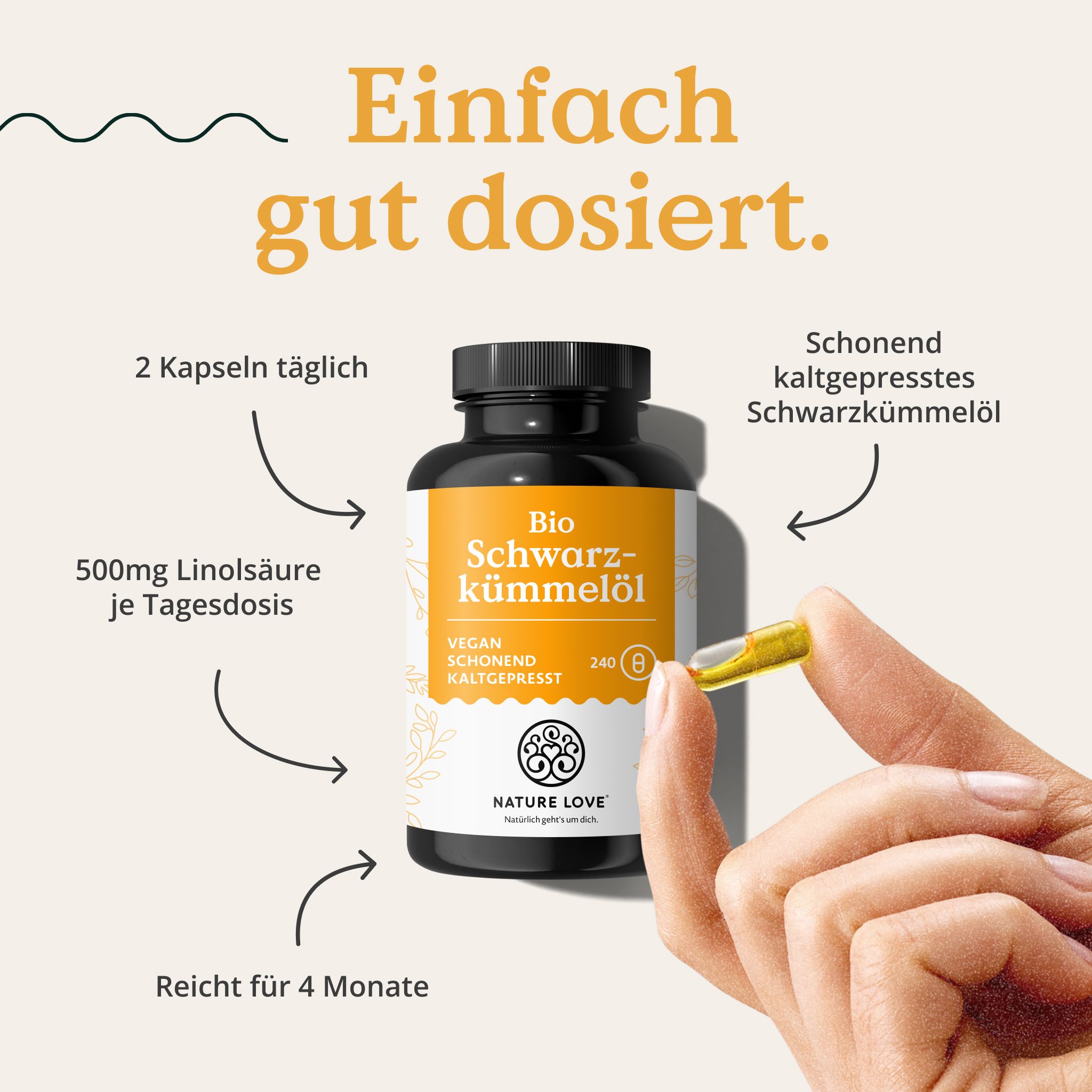 Flacone di olio di cumino nero biologico con capsula. 2 capsule al giorno, 500mg di acido linoleico per dose giornaliera, dura 4 mesi.