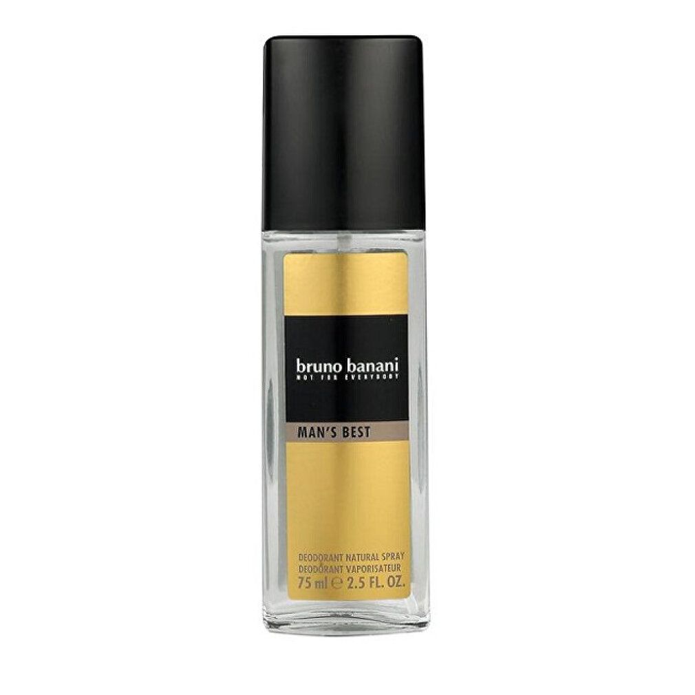 Spray deodorante Man's Best di Bruno Banani. Flacone trasparente con tappo nero. Sfondo dorato con nome del prodotto e logo.