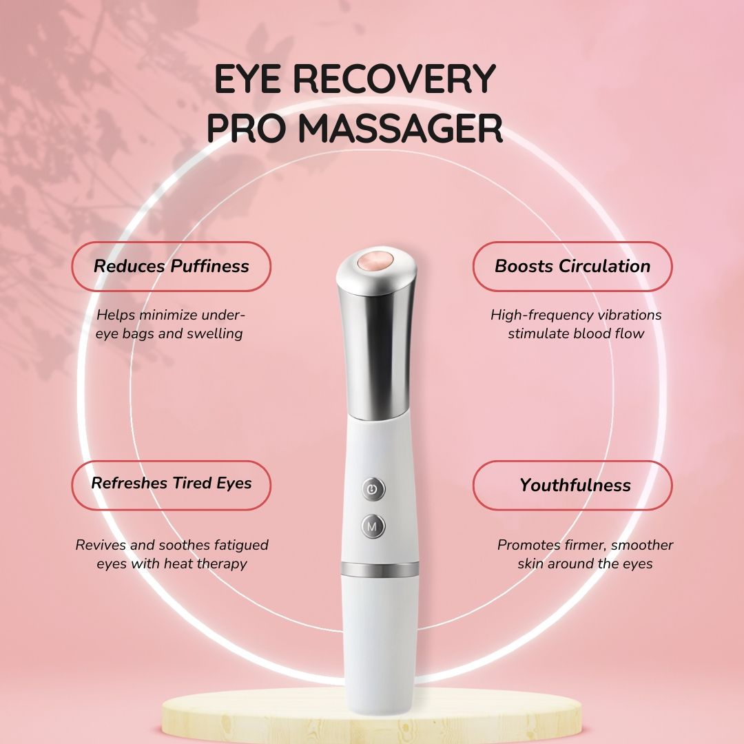 Massaggiatore oculare con testa rosa e dettagli argentati. Testo: Reduces Puffiness, Boosts Circulation, Refreshes Tired Eyes, Youthfulness.