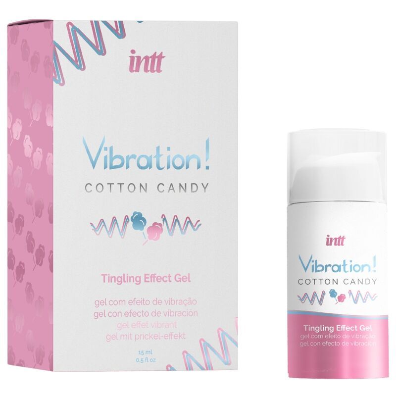 Confezione e flacone. Confezione con scritta: Vibration! Cotton Candy Tingling Effect Gel. Flacone accanto.
