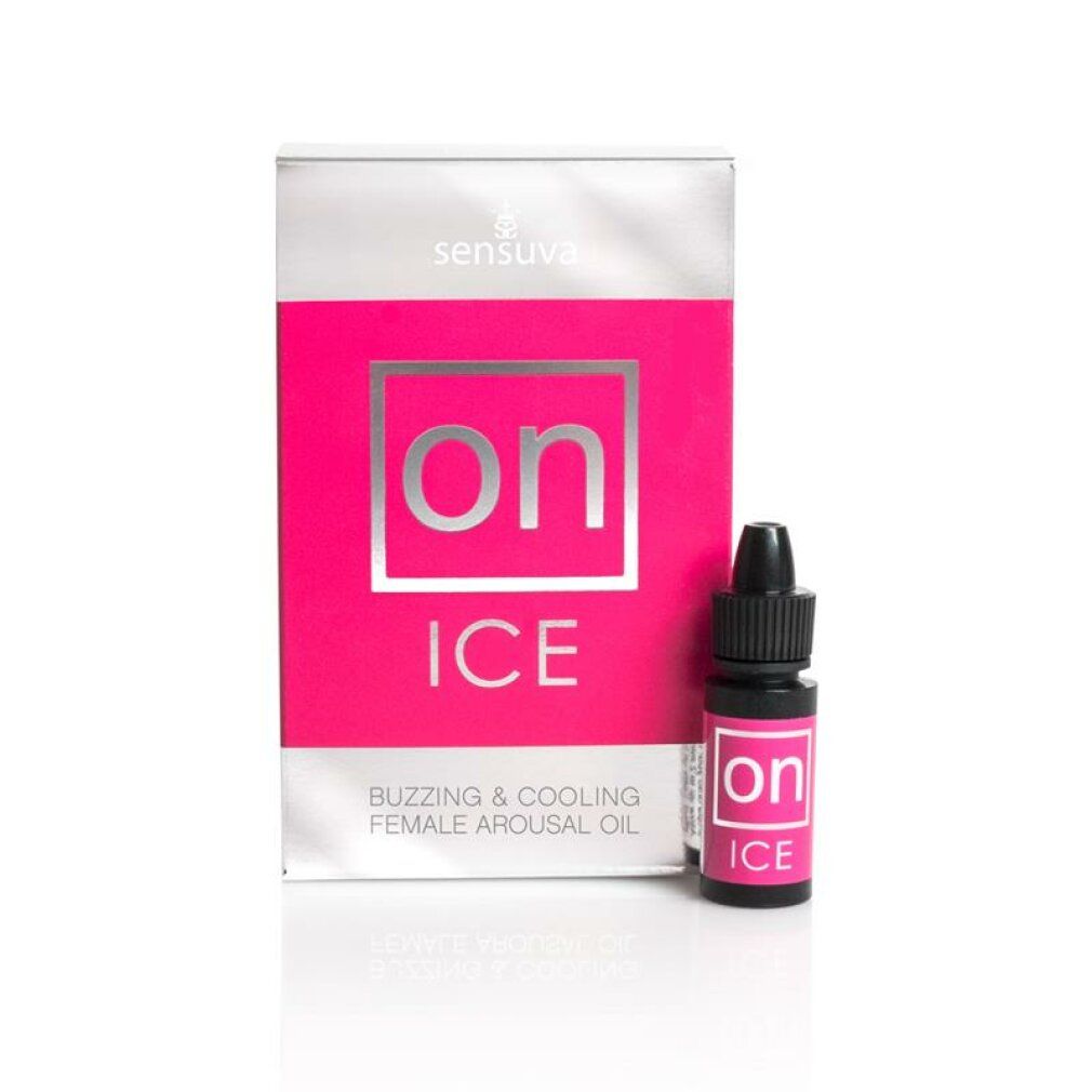 Confezione rosa con scritta "on ICE" e flacone. Testo: "Buzzing & Cooling Female Arousal Oil".