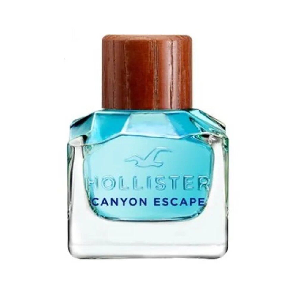 Flacone quadrato, liquido blu, tappo in legno. Scritta: HOLLISTER CANYON ESCAPE.