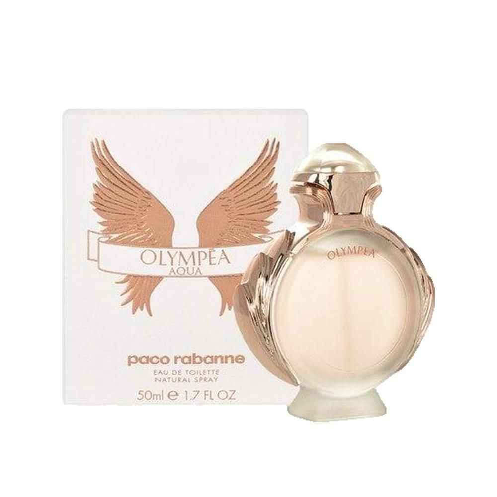 Flacone di profumo, rotondo, rosa chiaro. Dettagli dorati. Scritta Olympea.