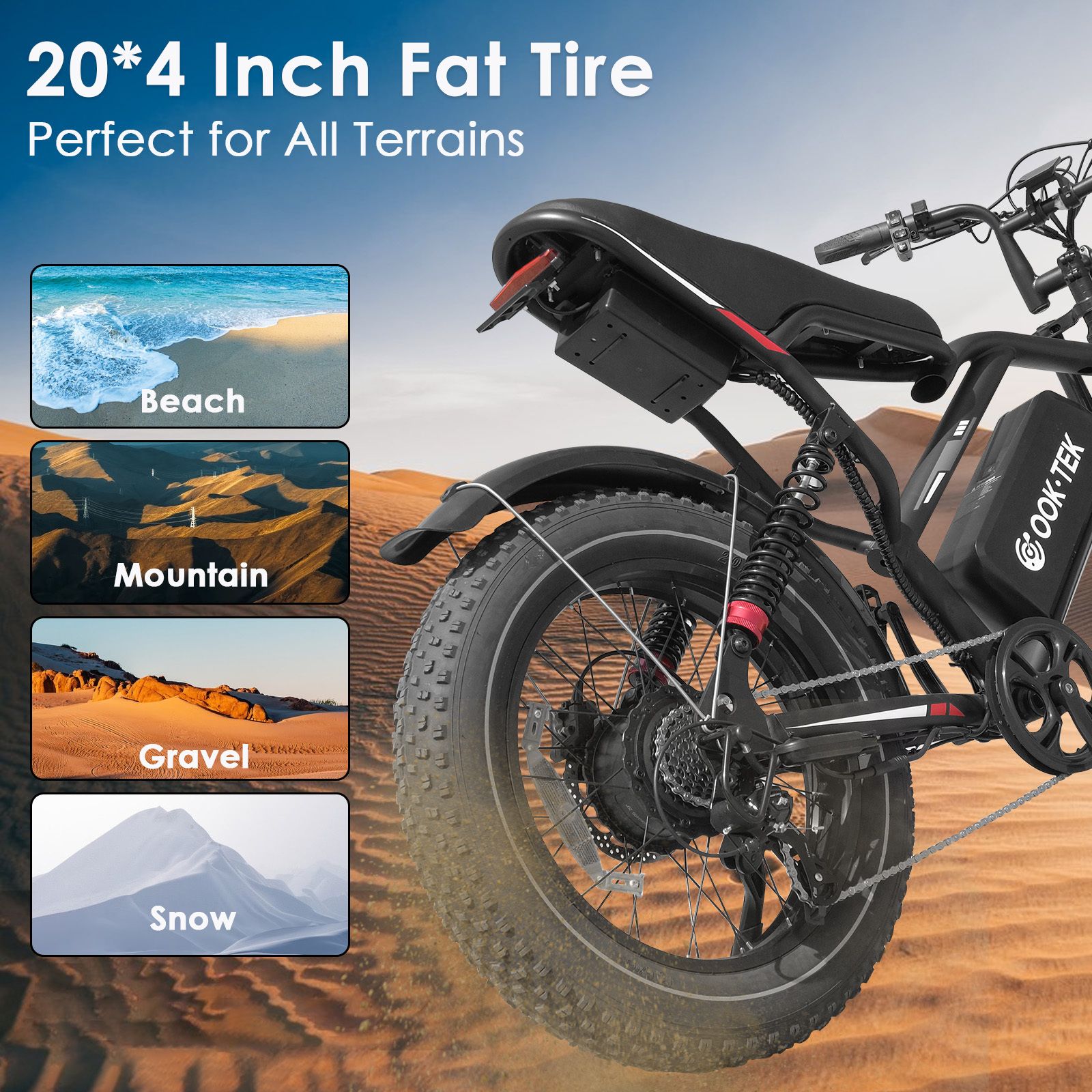 Bicicletta elettrica con pneumatici larghi sulla sabbia. Scritta: 20*4 Inch Fat Tire. Scene: spiaggia, montagna, ghiaia, neve.