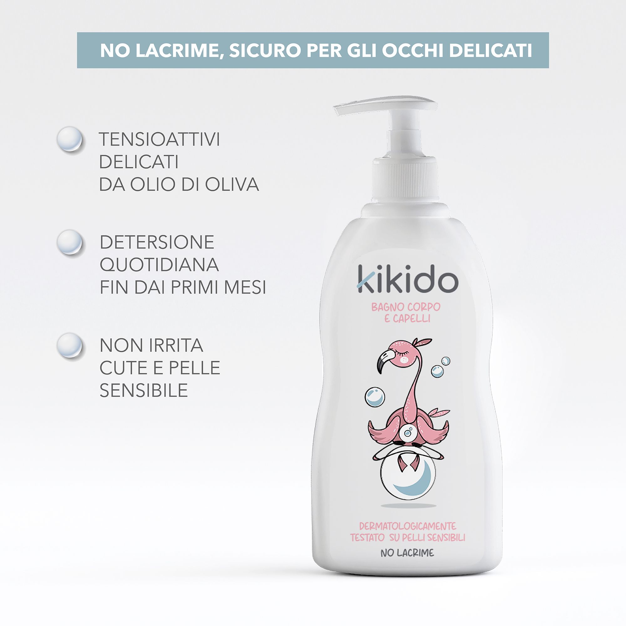 Flacone bianco con testo: Kikido, bagno corpo e capelli, dermatologicamente testato, No Lacrime. Grafici: Tensioattivi delicati, Detergente quotidiana.