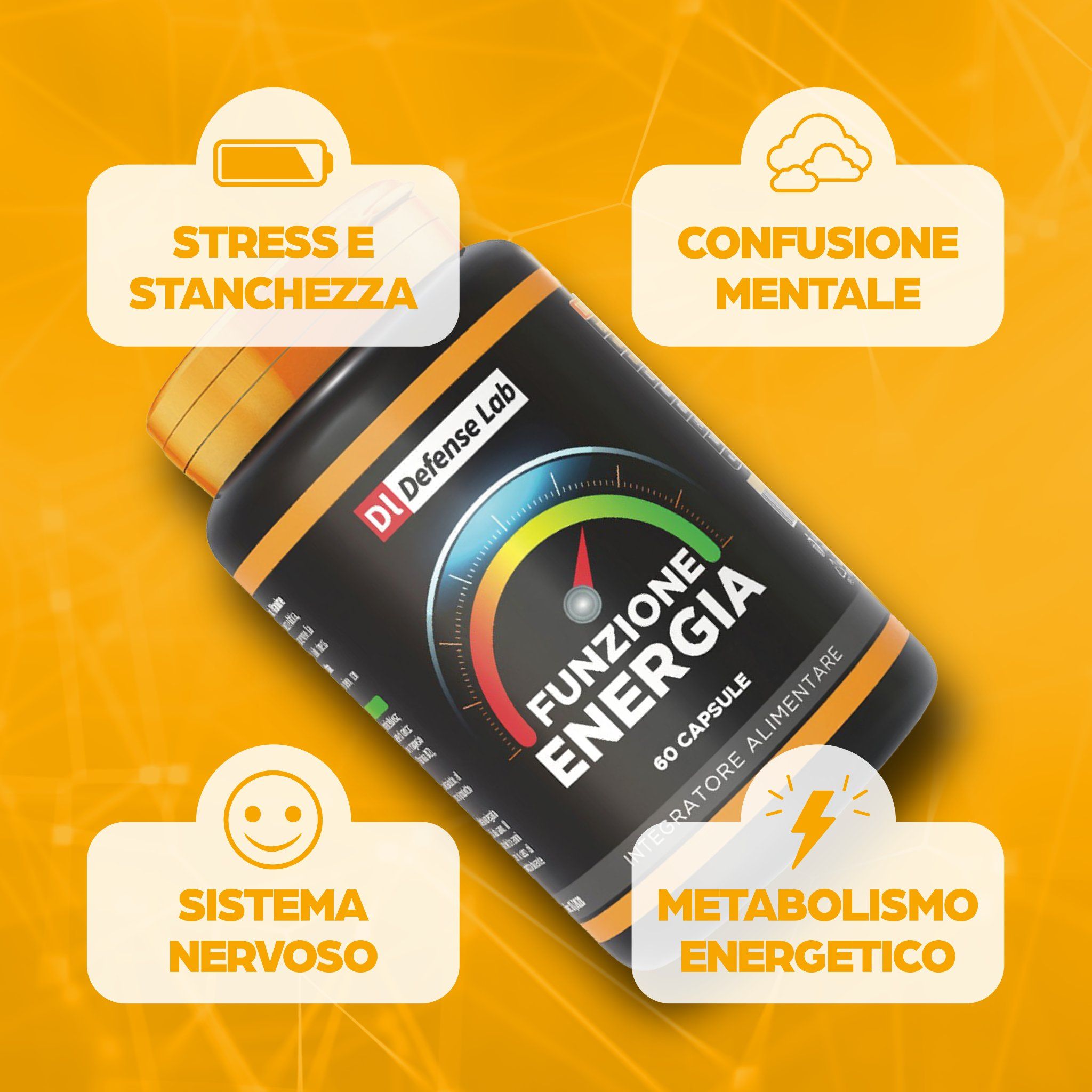 Flacone marrone "Defense Lab Funzione Energia" su sfondo giallo. Scritto: "60 Capsule". Con simboli per stress, sistema nervoso, ecc.