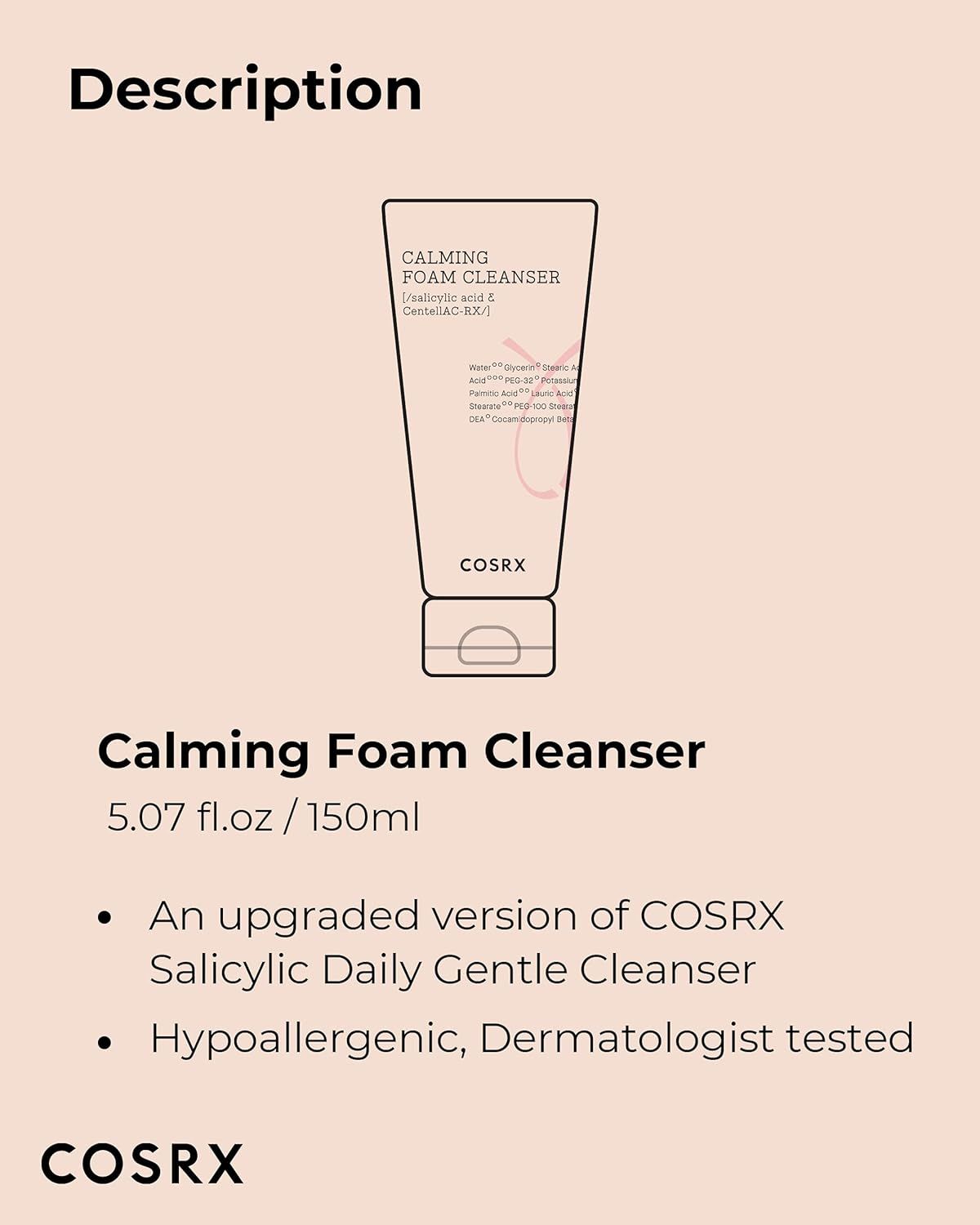 Descrizione del prodotto con schizzo di un tubo. Testo: Calming Foam Cleanser, 5.07 fl.oz/150ml. Marchio: COSRX.
