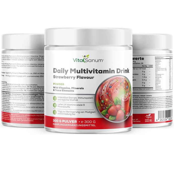 VitaSanum Daily Multivitamin Drink gusto fragola in polvere in barattolo, circondato da altri barattoli. Contiene vitamine, minerali e oligoelementi.