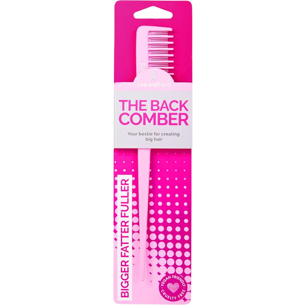 Un pettine rosa in una confezione rosa singola con la scritta 'THE BACK COMBER'.