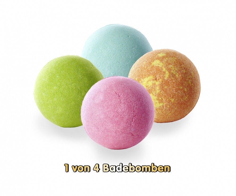 Quattro bombe da bagno colorate in diversi colori: blu, verde, rosa e arancione. Testo: 1 di 4 bombe da bagno.