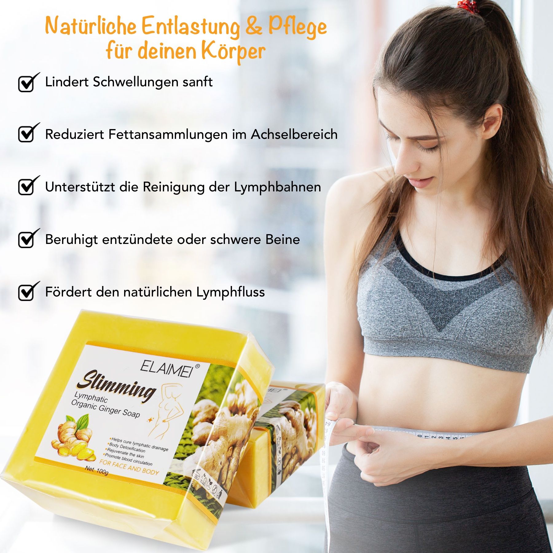 Donna con sapone e metro a nastro. Panetto di sapone giallo e confezione. Testo: Slimming Lymphatic Organic Ginger Soap.