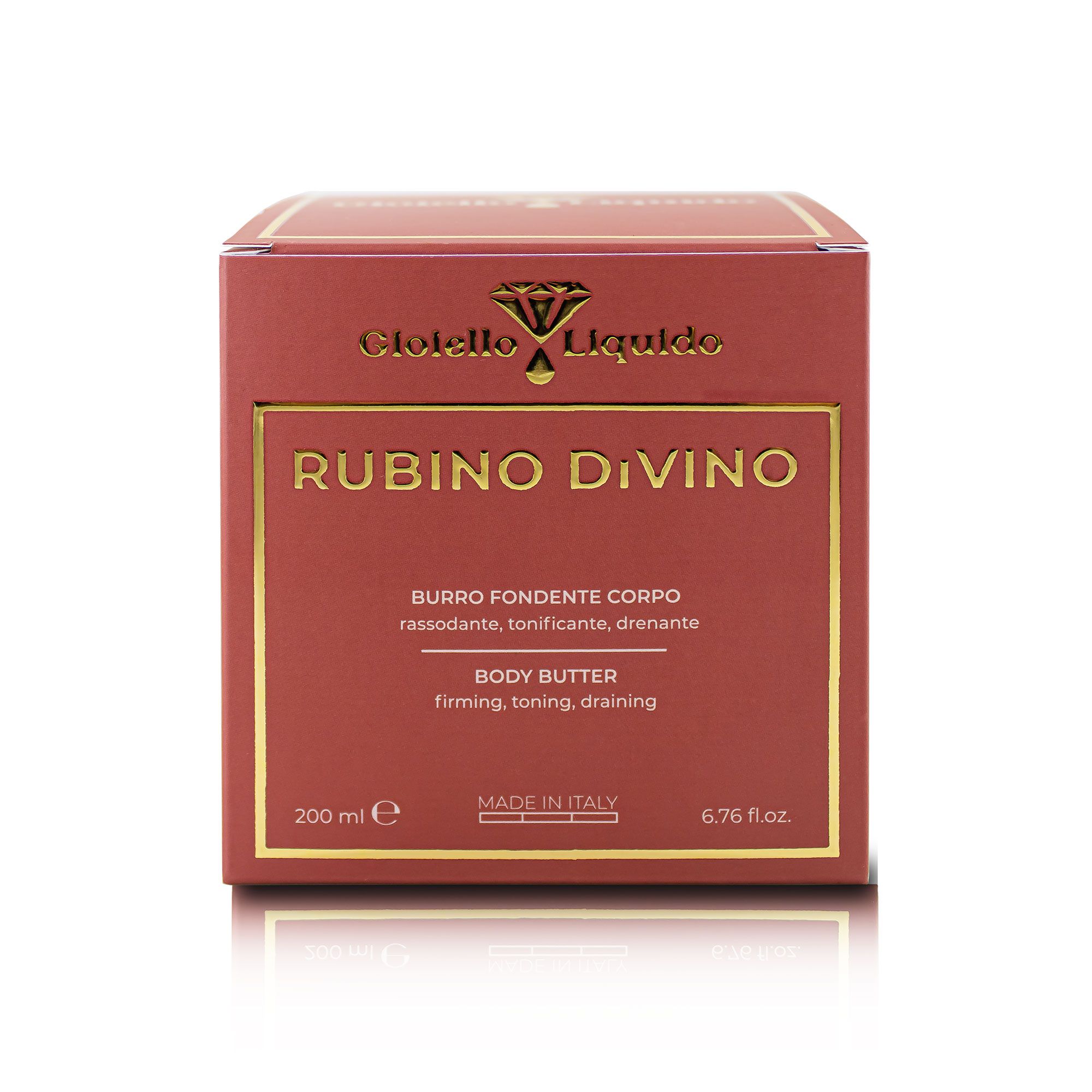 Confezione rossa. Scritta: Gioiello Liquido, Rubino Divino. Body Butter. Made in Italy. 200 ml, 6.76 fl.oz.