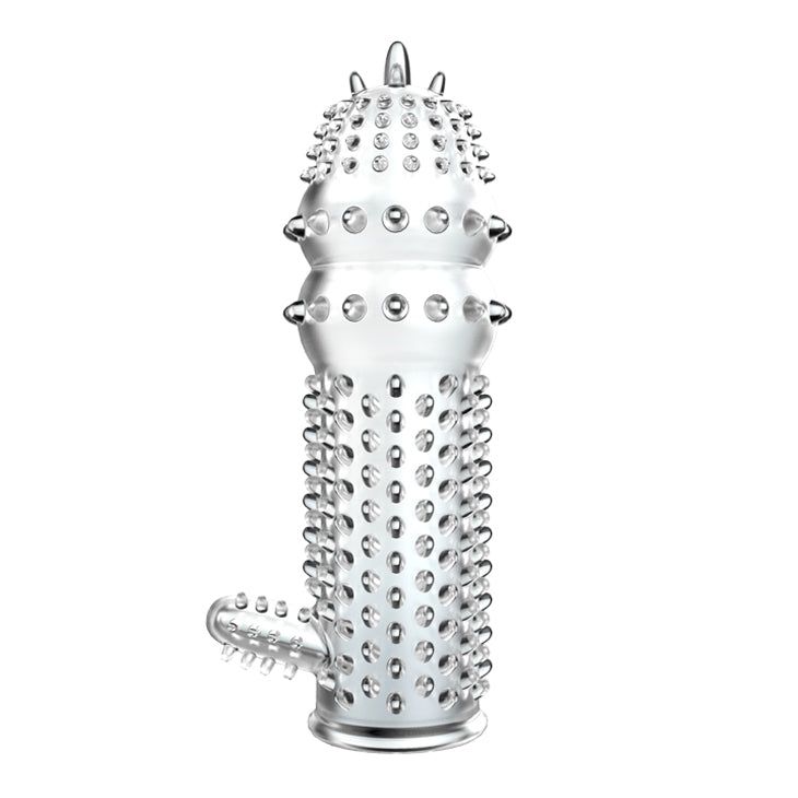 Sleeve penieno trasparente con borchie e punte. Con base e un elemento strutturato aggiuntivo.