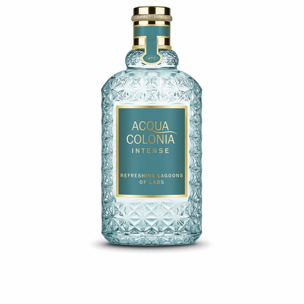 Flacone di profumo azzurro chiaro con tappo dorato. Scritta: ACQUA COLONIA INTENSE. Testo su etichetta verde.