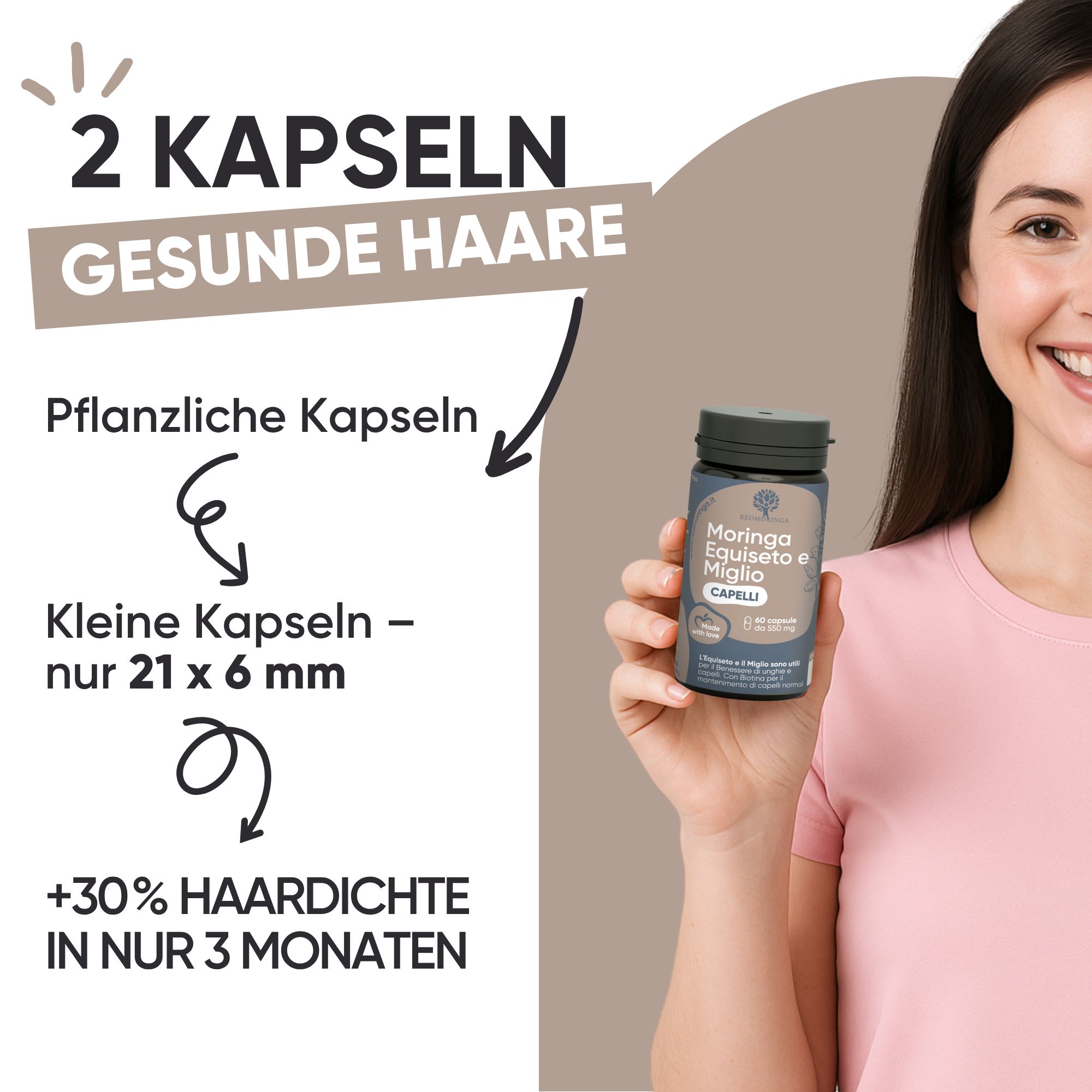 Donna tiene una bottiglia di capsule. Testo: 2 capsule, capelli sani, capsule vegetali, capsule piccole.