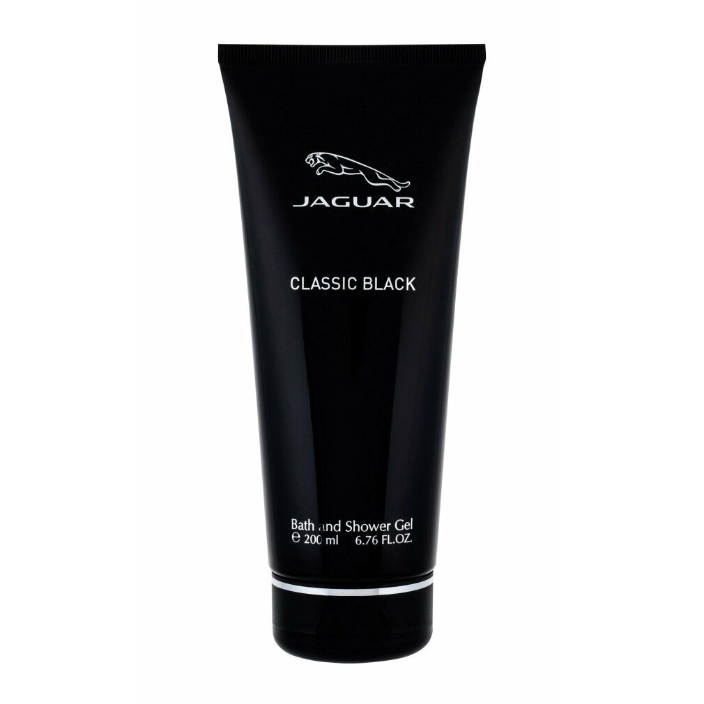 Tubo nero di gel doccia Jaguar Classic Black. Logo Jaguar in alto. Scritta "Bath and Shower Gel" in basso.