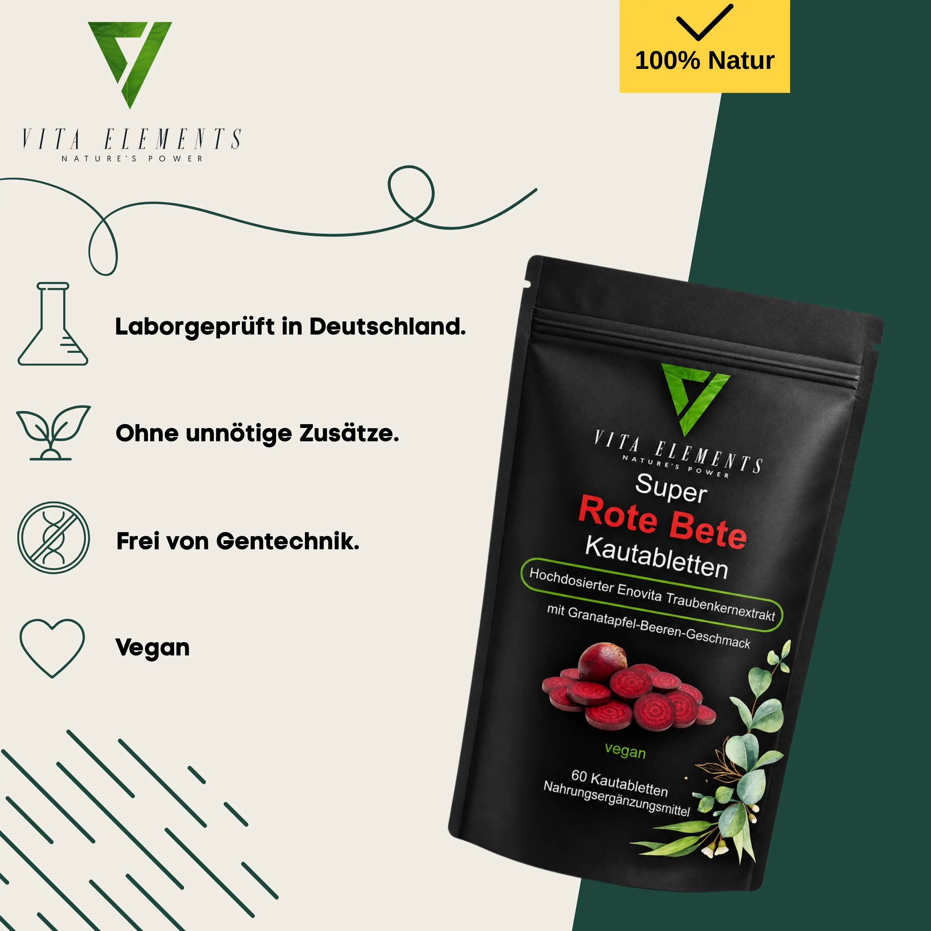 Vita Elements pastiglie masticabili di barbabietola rossa: Testato in laboratorio, senza additivi, senza OGM, vegan. Sacchetto nero.