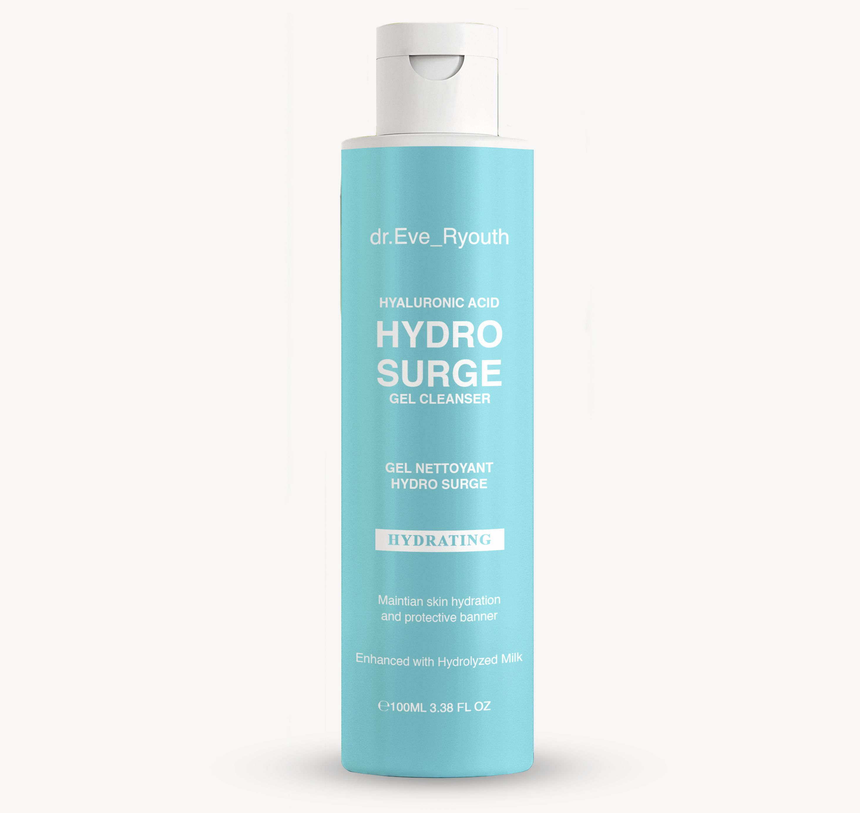Flacone azzurro Hydro Surge Gel nettoyant con tappo bianco. Scritta: Hydro Surge Gel Cleanser, Hydrating.