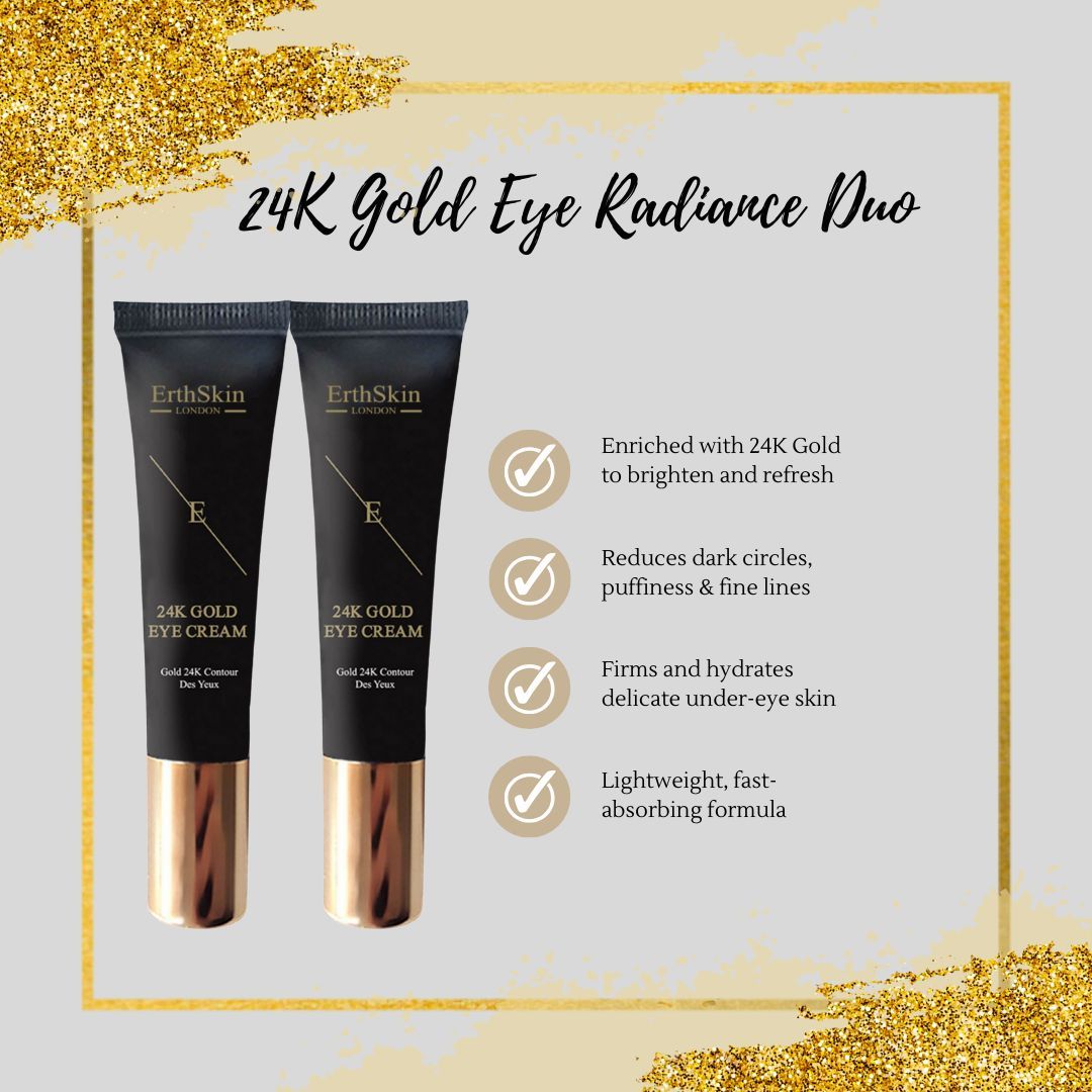 Due tubi di crema per occhi con testo. Tubi neri con dettagli dorati. Scritta: ErthSkin London, 24K Gold Eye Cream. Testo sui benefici.